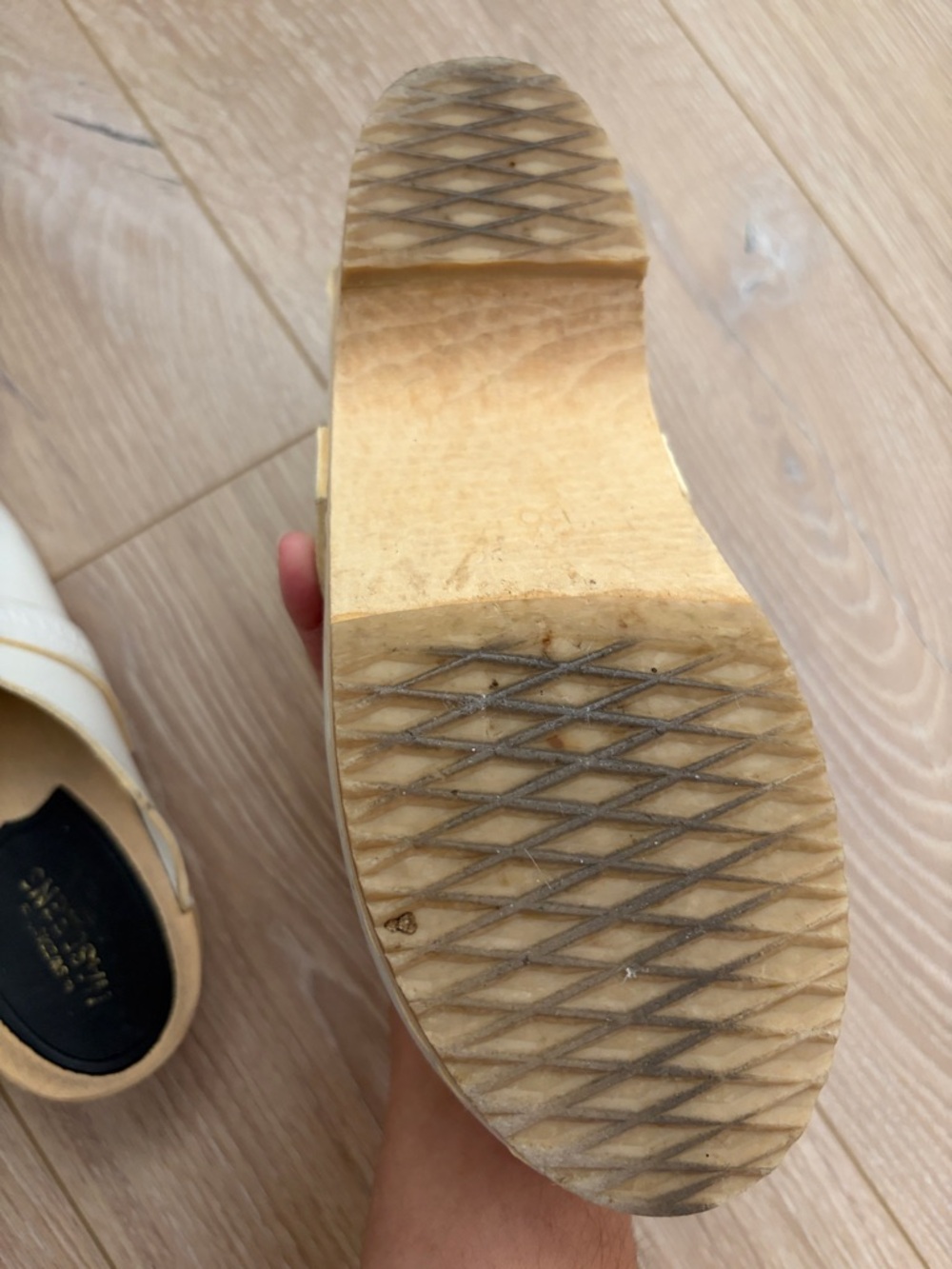 Swedish Hasbeens White Leather Clogs with Tan Wood Insole - Picture 7 of 7